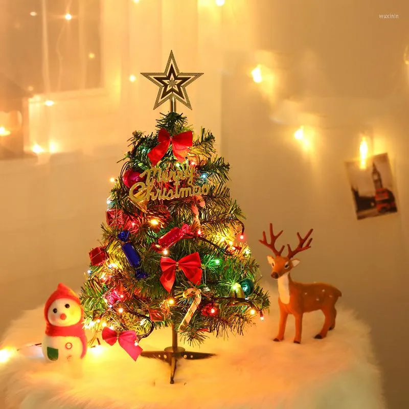 Dekoracje świąteczne 20 "/50 cm Tree Tabletop Ozdobiony Xmas sztuczny pulpit mini sosna z ozdobą sznurkową LED