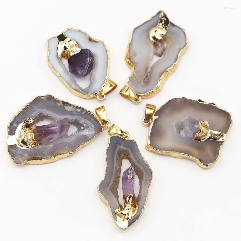 Pendentif Colliers Pierre Naturelle Irrégulière Agate Druzy Améthyste Collier Charme Énergie Guérison Pierre Précieuse Chakra Bijoux De Mode 4 Pcs