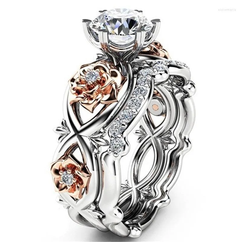 Anneaux De Mariage De Luxe Or Rose Couleur Fleur Ensemble Belle Blanc Clair CZ Usine Conception Bague En Argent Bijoux Pour Femmes Cadeaux