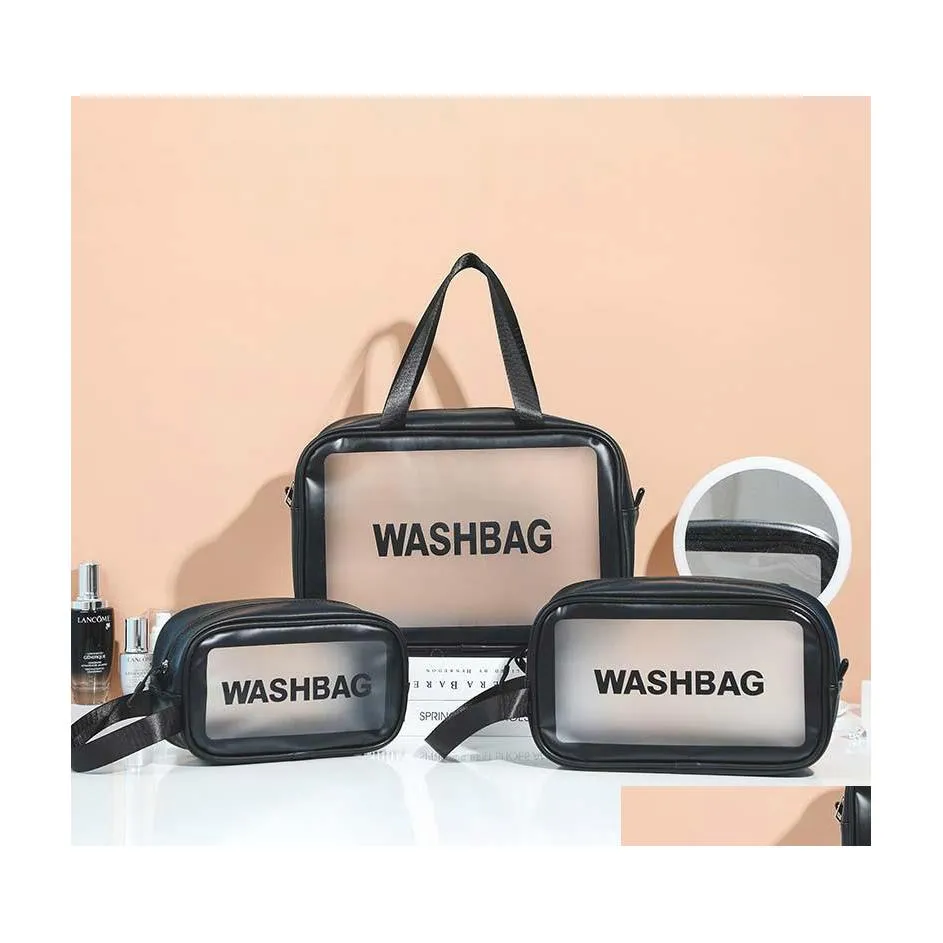 Sacs à cosmétiques Lettre élégante Washbag Pu Sac de maquillage Organisateur de voyage transparent Toilette Haute capacité imperméable Femmes Drop Deliver Dhybp