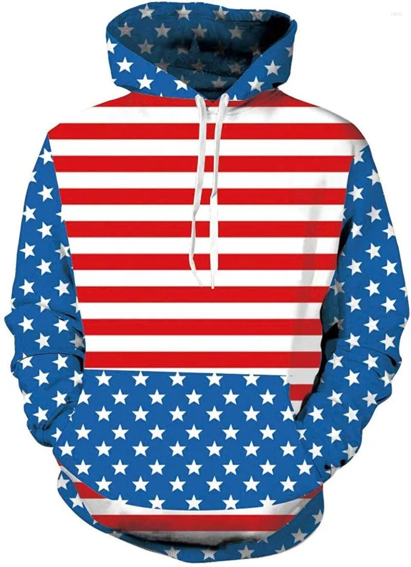 Men's Hoodies Unisex Cool 3D Print Pullover Hooded Sweatshirt With Pocket For Men Women Stars And Stripes American Flag Red Blue