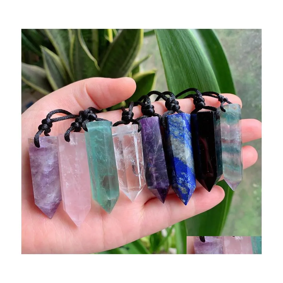 Konst och hantverk Big Pendum Natural Stone Crystal Quartz Necklace Amet Hexagonal Point Amethysts Fluorite Lapis Agat Pendant Drop Del Dhy2q