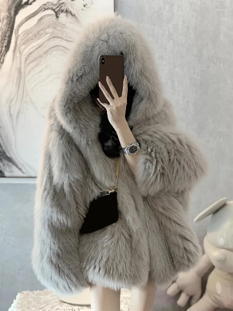 Femmes fourrure gris Manteau femmes 2023 hiver à capuche Faux artificiel fourrure manteaux et vestes blanc moelleux veste Manteau Femme