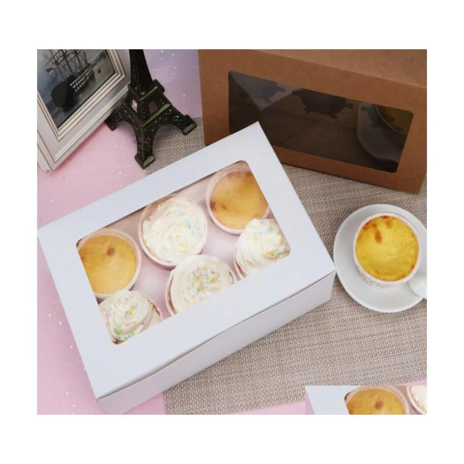 Cupcake Bread Box Kraft Paper Bakery Cake Conting with Insert Window Window Storage Joxes Party Gift Case Drop