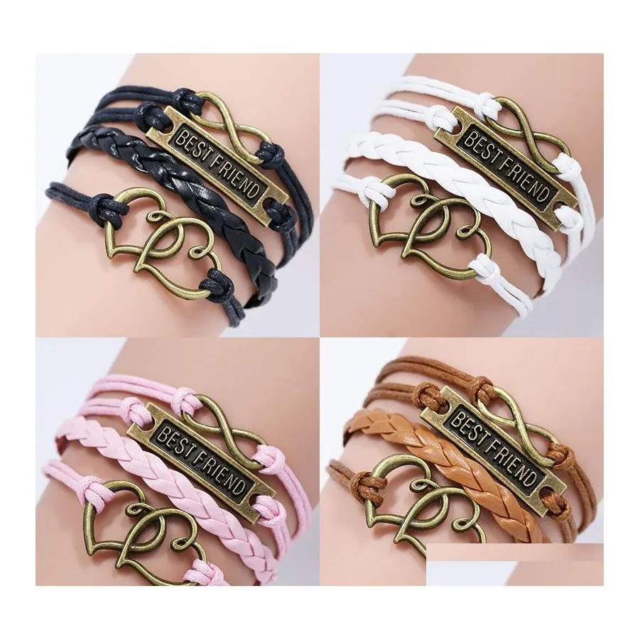 Bracelets de charme ami BFF pour femmes hommes vintage amour coeur infinie tressée corde en cuir enveloppe bracelet mode amitié bijoux gif ot8x5