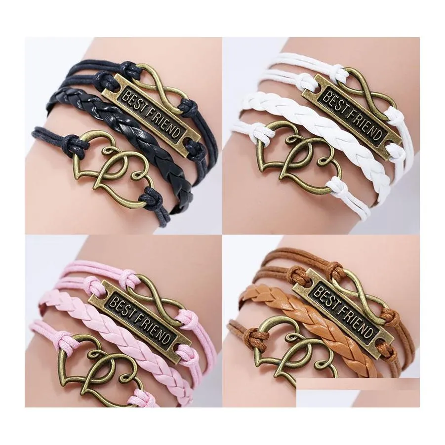 Urok bransoletki Przyjaciel BFF dla kobiet mężczyzn Vintage Love Heart Infinity Pletające skórzane linowe linę Bieć Moda Przyjaźń Jewelry gif ot8x5