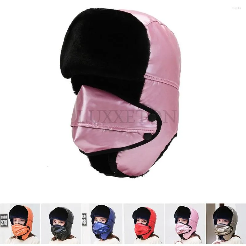 Berets Women Winter Hat Waterproof Trapper Earflap Cap Ladies Black Fur Russian Female Solid Ski Mask Bomber