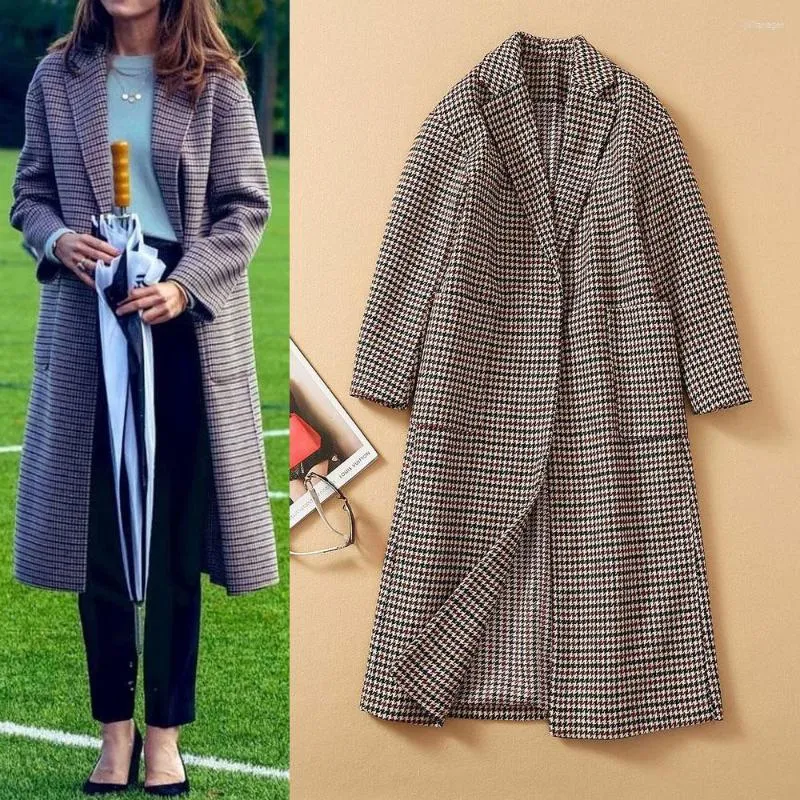 Women's Wool Inverno 2023 Europa Estação Street Moda Vestir British Style Suit Collar Mil Bird Plaid Coat