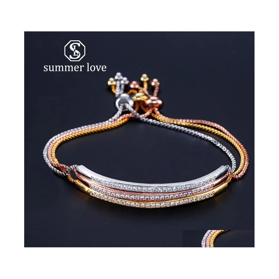 Charm Armbänder Mode Rose Gold Überzogene Einreihige Zirkonia Armreif CZ Kristall Bling Einstellbare Kette Frauen Party Schmuck Drop D Dhuda