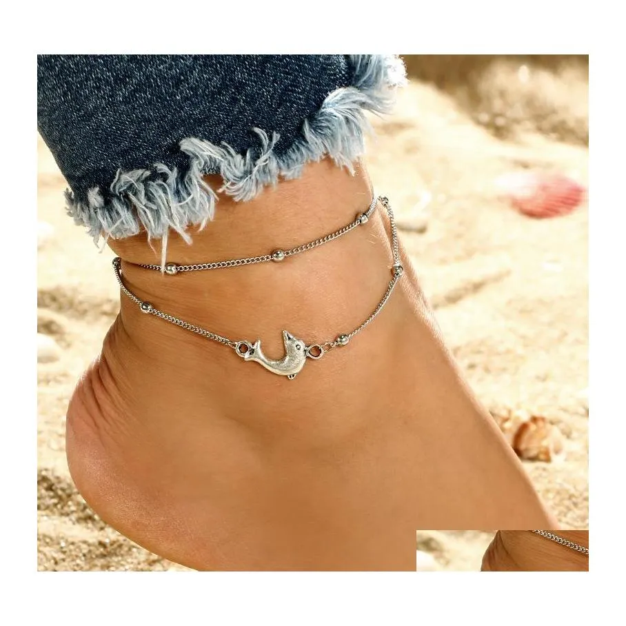 Anklets Boho Dolphin Ankel Sandaler Armband Sier Bead Bohemian Elegant Layered Chain Foot Jewelry Drop Delivery OTQ6L