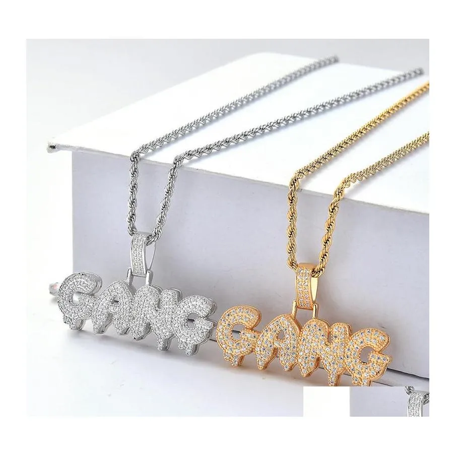 Pendant Necklaces Mens Iced Out Gang Bling Cz Bubble Letter Gold Sier Twisted Rope Chain For Women Hip Hop Jewelry Gift Drop Deliver Otnxa