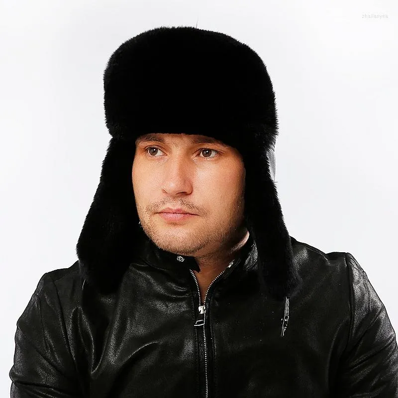 Berets Real Fur Bomber Hats For Men Thicken Trapper's Flight Hat Male Caps Winter Rex Flying Gunuine Leather