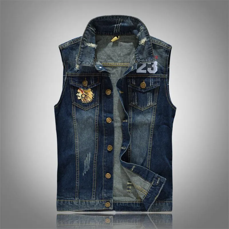 Gilet da uomo Gilet Abbigliamento da uomo Casual Uomo Giacche di jeans da motociclista Gilet in cotone Ricamo Distintivo Cappotto senza maniche Streetware Fashion