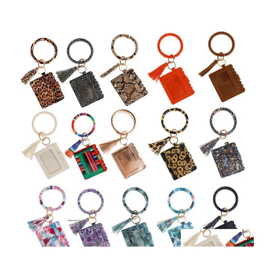 Party Favor Leopard Print Pu Leather Tassel Pendant Armband Ladies Keychain Wallet Mobiltelefon Bag Kortpaket Business Drop Deli Dhzax