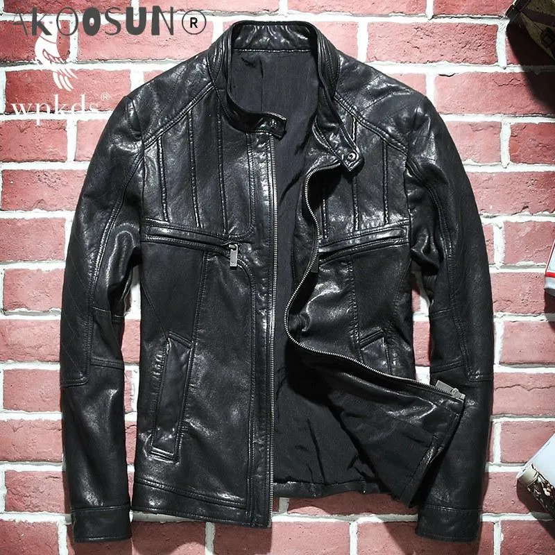 Erkekler deri sahte akoosun koyun derisi ceket gerçek orijinal ceket erkek motosiklet bisikletçisi vintage ceketler wp4002x kj4123