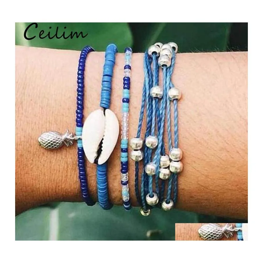 링크 체인 5pcs/set bohemia braided shell beads bracelet set women mtilayer 왁스 로프 비드 파인애플 매력 드롭 배달 je otzye