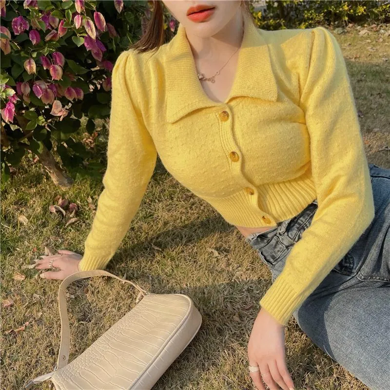 Women's Sweaters French Vintage Lapel Short Sweater Women Slim Long-Sleeved Knitted Cardigan 2023 Autumn Fashion Simple TopsWomen's