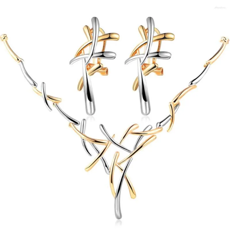 Halskette-Ohrringe-Set, doppelte Farbe, metallisches Statement-Kreuz, Schmuck für Frauen, Punk-Stil, weiblich, Party #293391
