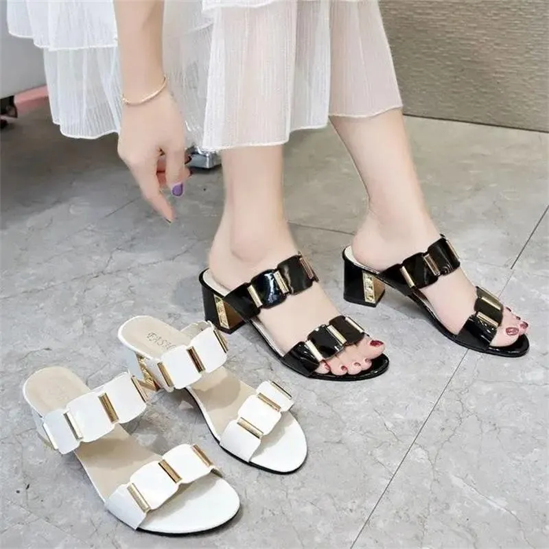 Sandals Women's Summer Large Shoes Open Toe Wear Medium Heel Slippers Korean Fashion Fairy Thick