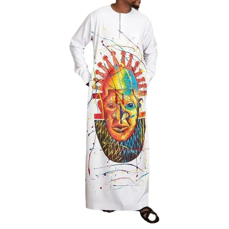 Vêtements ethniques Islam Abaya Robe imprimée blanche Vêtements musulmans Jubba Thobe Mode masculine Chemise longue africaine Traditionnelle à manches longues Casual