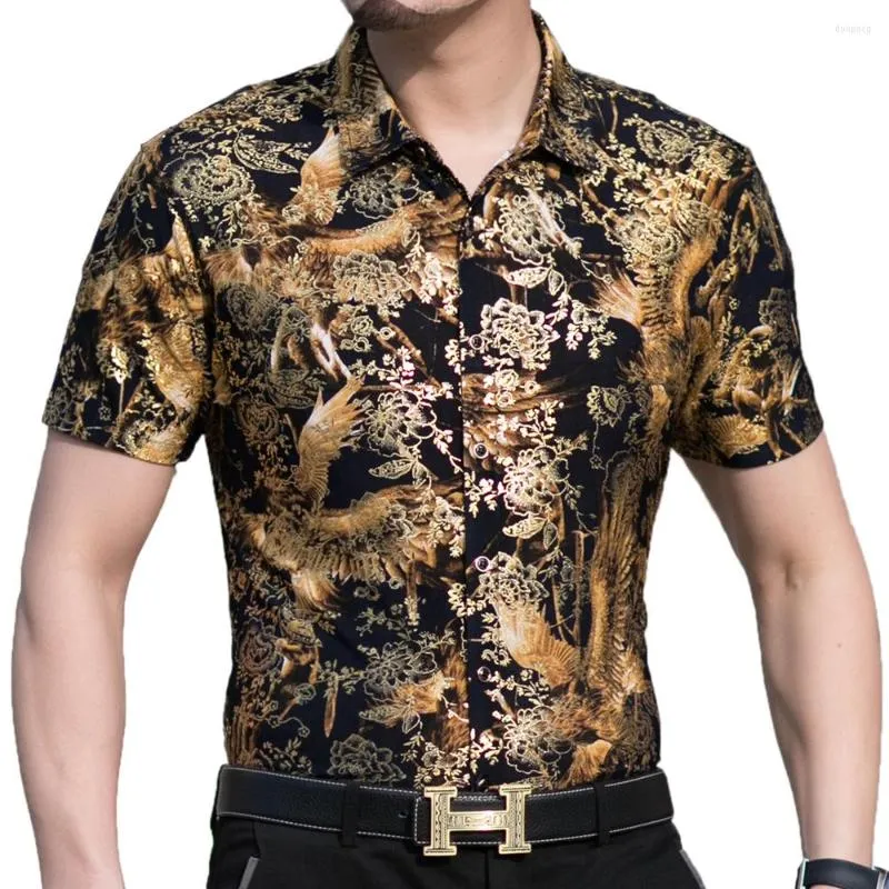 Męskie koszule 2023 Modna lato krótkie rękawe odzież Hawajska złota Bronzing Print Shirt for Men Streetwear Sukienka 1013