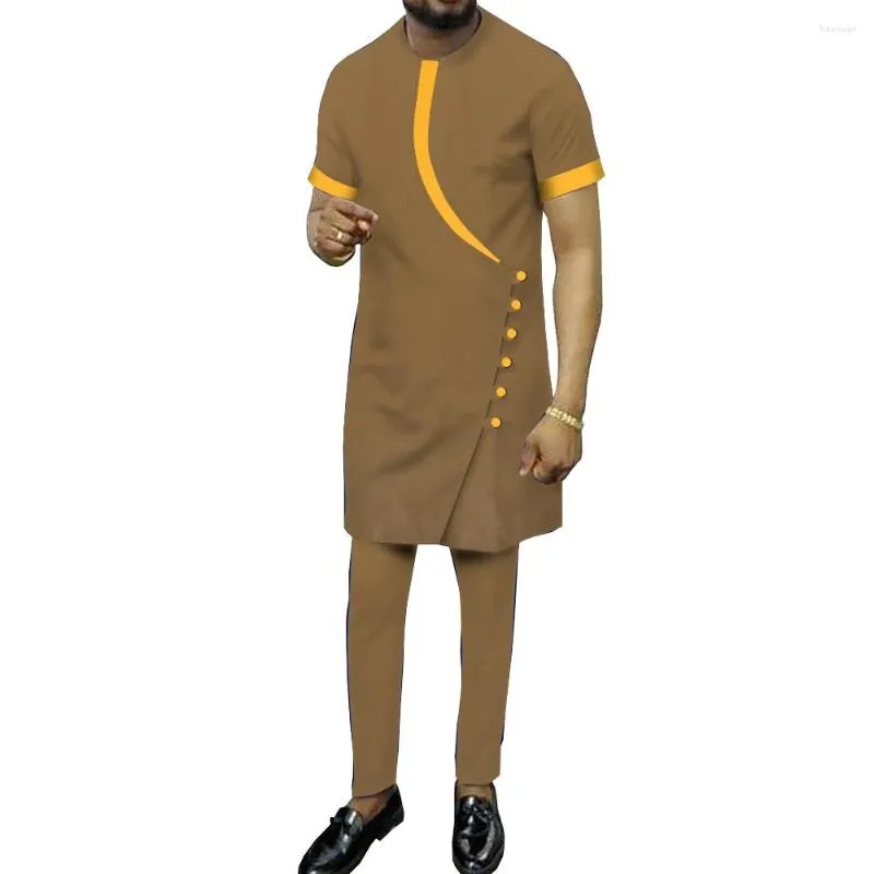 Этническая одежда Базин Риш Африканская одежда для мужчин Дасики Костюм 2 ПК набор рубашки с коротким рукавом и брюки плюс размер Wyn1495