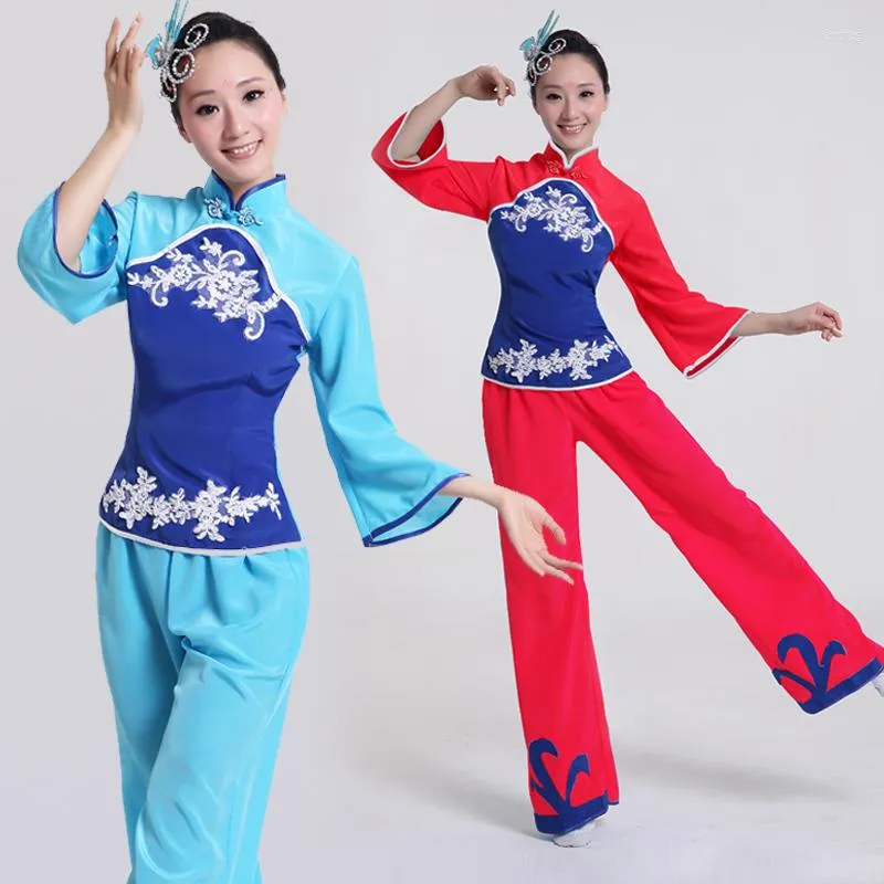 Scenkläder eleganta kvinnor kinesiska dansdräkt lady yangko dansare röda folkkläder fläktkläder för show 89