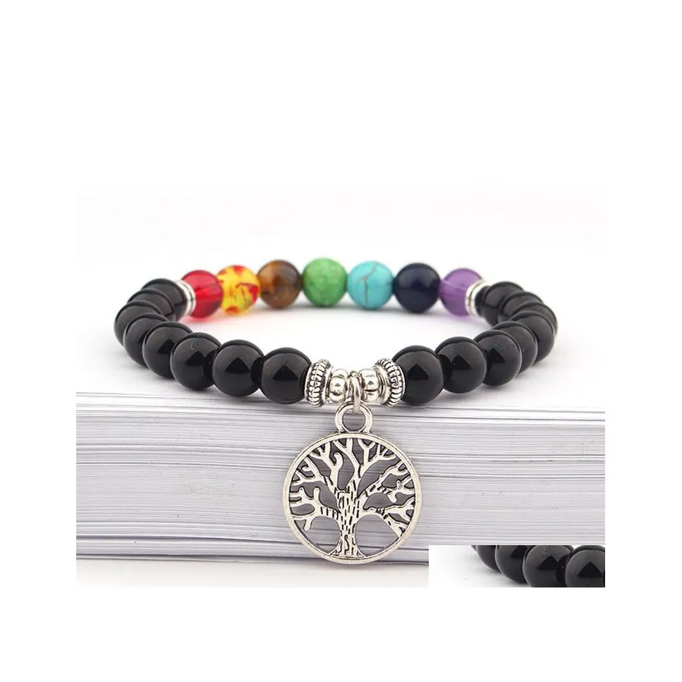 Tree Tree of Life Charms 8mm Stone Stone Strand 7 ألوان شقرا حبة اليوغا بوذا سوار للنساء الرجال المجوهرات إسقاط تسليم دعامة DH8YX