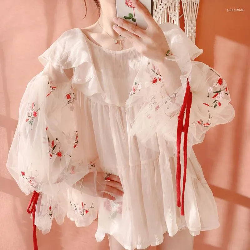 Damenblusen, Sommer-Mori-Kei-Mädchen-Blumenstickerei, Vintage-Laternenärmel, süße, mädchenhafte Rüschen-Mesh-Chiffon-Hemden/Blusen