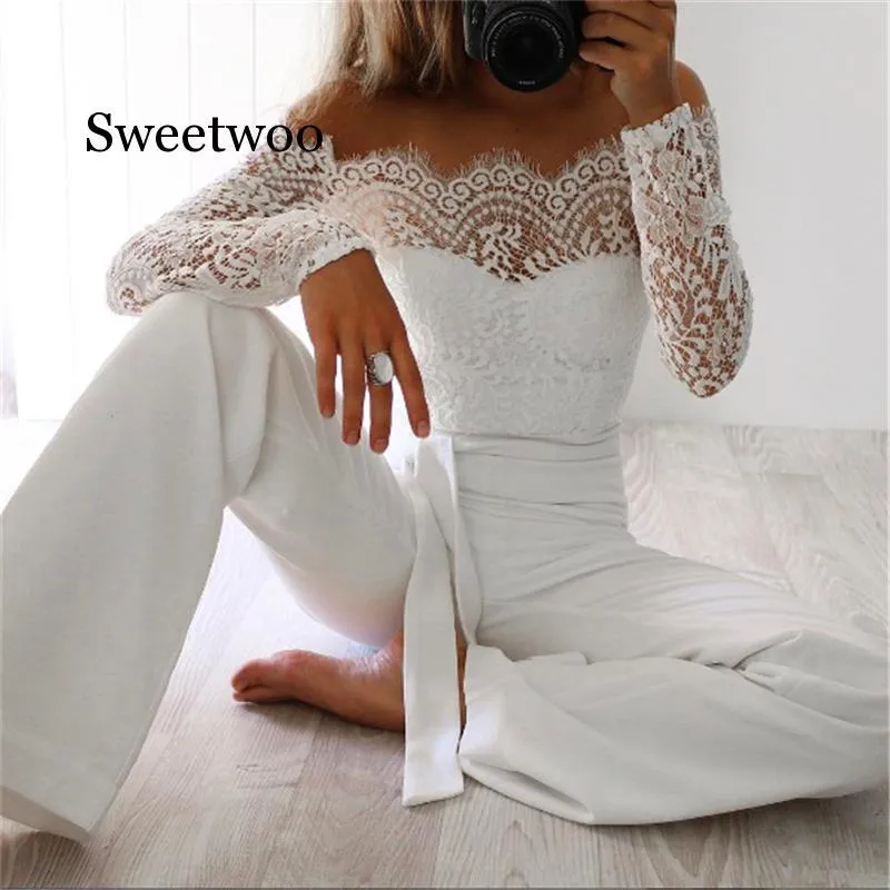 Women's Jumpsuits & Rompers Est Women Lace Floral White Color Long Sleeve Jumpsuit Romper Clubwear Playsuit Bodycon Party Trousers FemaleWom