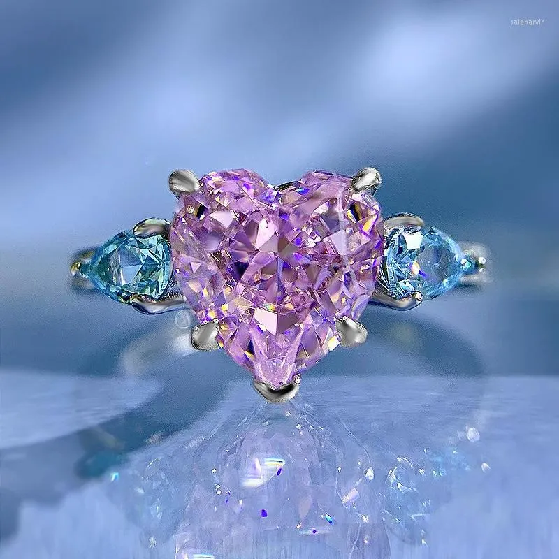 Bagues de cluster S925 Argent Rose Bleu CP 8 Coeur en forme de coeur Amour Diamant Fleur Coupe Européenne et Américaine Ins Style