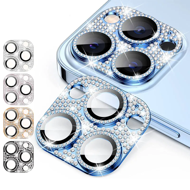 Diamond Metal Camera Lens Protezione in vetro temperato lucido Bling colorato antigraffio per iPhone 14 13 12 Mini 11 Pro Max con scatola al minuto