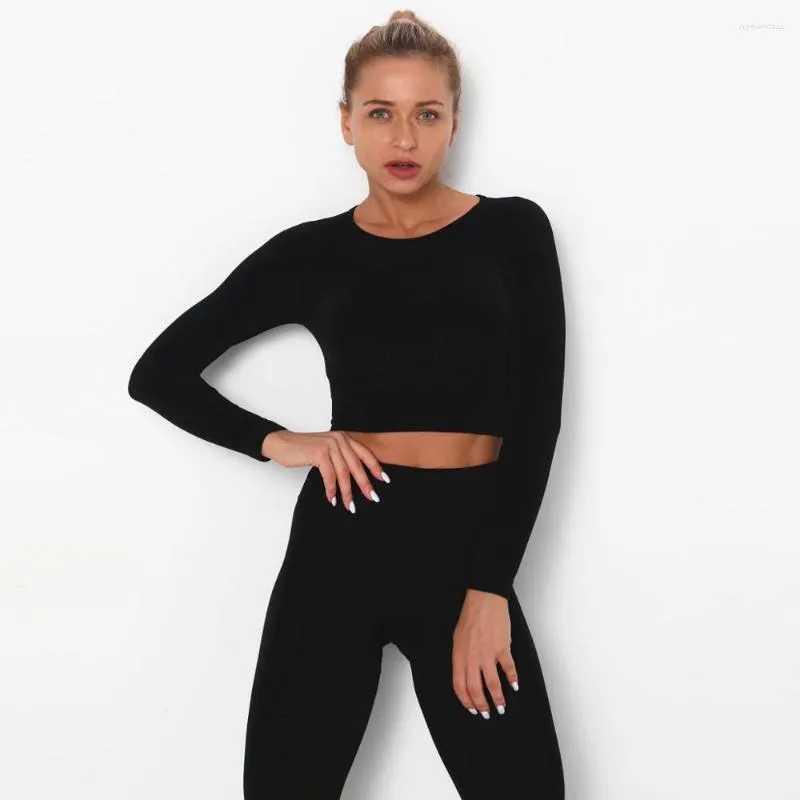 Active Sets Women Seamless Yoga Set Gym Clothing Fitness Leggings Cropped Shirts Sport Suit Long Sleeve Tracksuit Wear