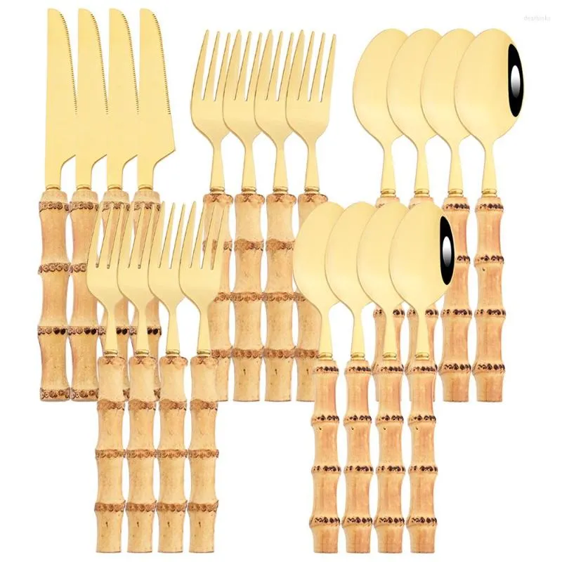 Dinware sets 20 stks gouden bamboe handvat bestek set 304 roestvrijstalen mes dessert vork lepel servies