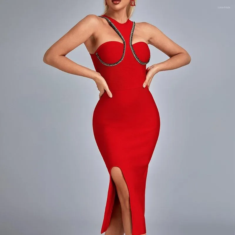 Sukienki swobodne Wysokiej jakości czerwony moda body bandage bandaż midi sukienki seksowne na ramię wieczorne imprezowe klub kruszy