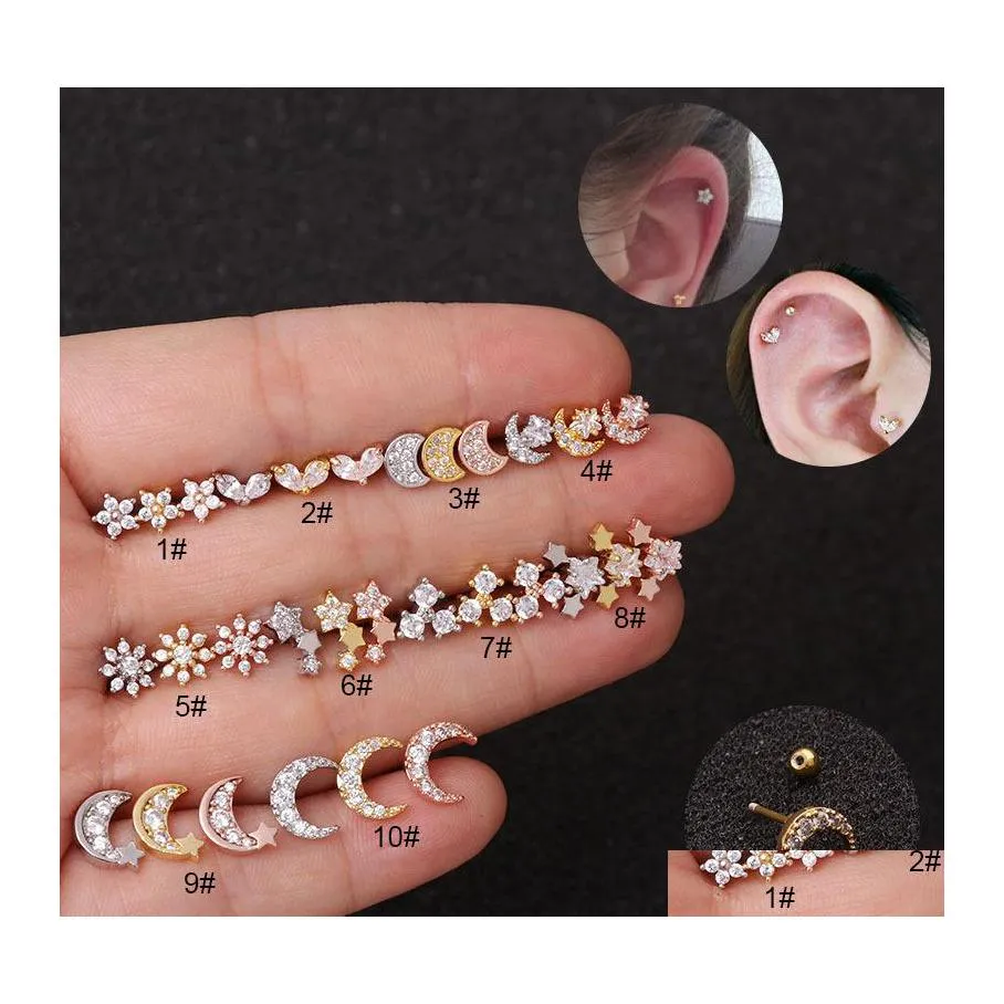 Dangle Lustre Zircon Étoile Lune Fleur Petites Boucles D'oreilles Or Stud Piercing Boucle D'oreille Pour Les Femmes Creative Oreille Os Mini Ponction Jewe Dhmfy