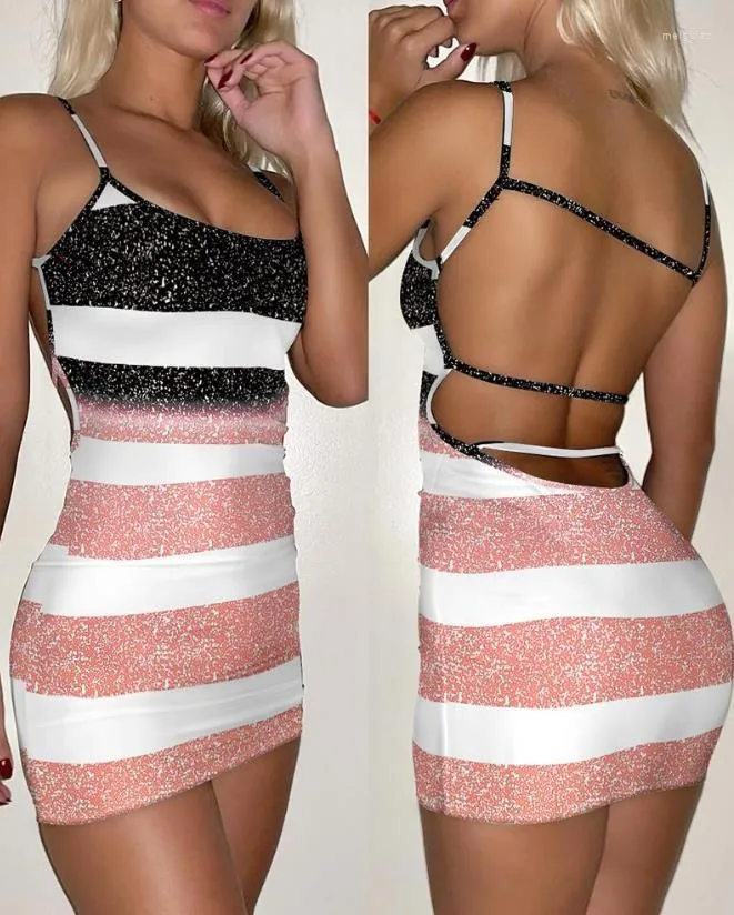 Casual Dresses Sexig Night Out for Women 2023 U-hals ärmlös färgblock randig tryck backless bodycon mini klänning kvinnliga kläder