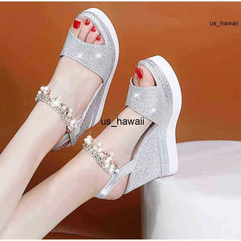 Sandals 2021 New Women Wedge Sandals Summer Bead Studded Detail Platform Sandals Buckle Strap Peep Toe Thick Bottom Casual Shoes Ladies 0120V23