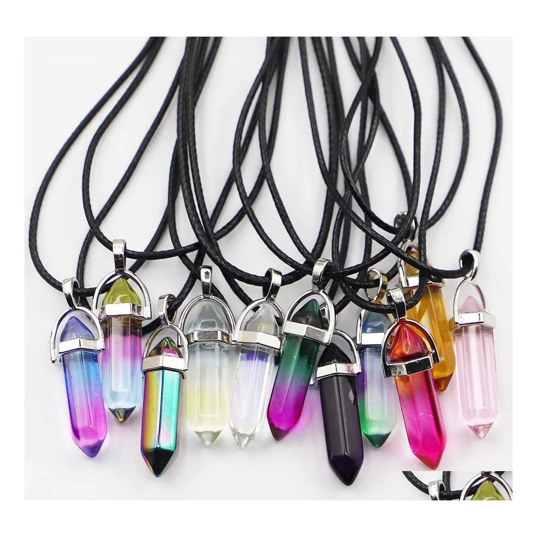 Pendant Necklaces Rainbow Glass Hexagonal Column Point Leather Cord Necklace Cylindrical Charms Minerals Healing Crystal Jewelry Dro Dh4Ya