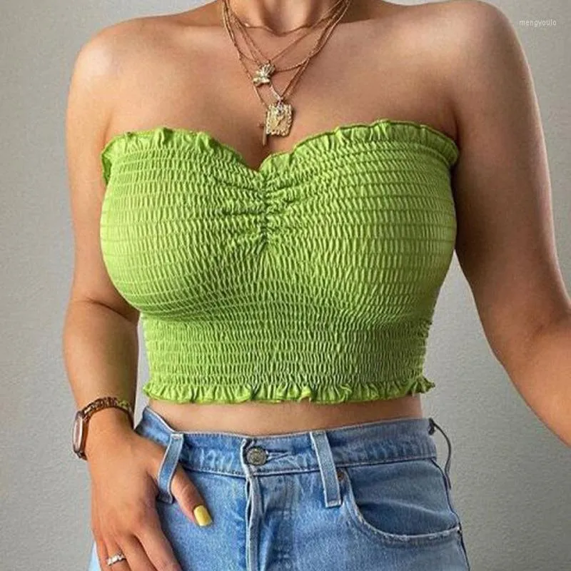 Summer Solid Color Strapless Crop Top With Elastic Bandeau For