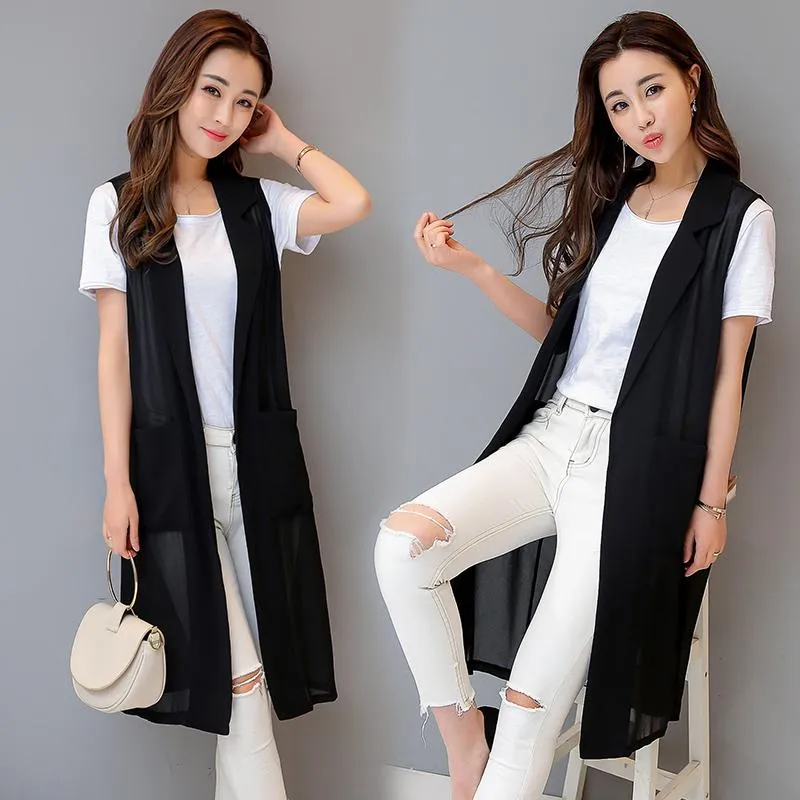 Damestanks Camis extra grote dunne chiffon mouwloos vest vrouwelijk zomer lang casual losse jas lente zwarte slanke S-3xlwomen's