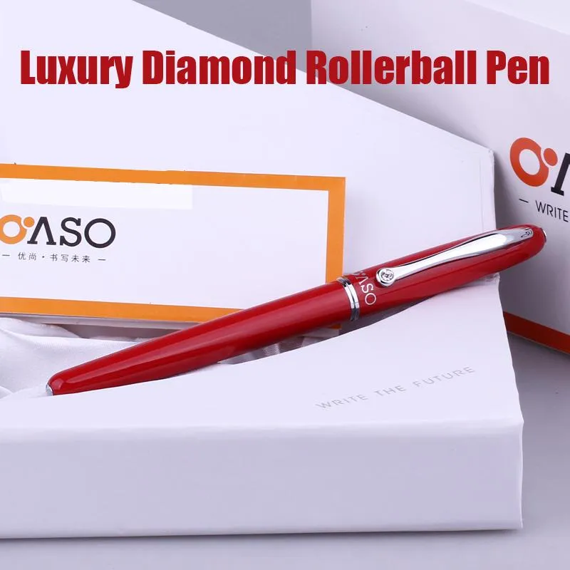 Luxury Red and Silver Clip med Diamond Rollerball Pen Original fodral för Lady Christmas Gift 0.5mm Writing Pens Ballpoint