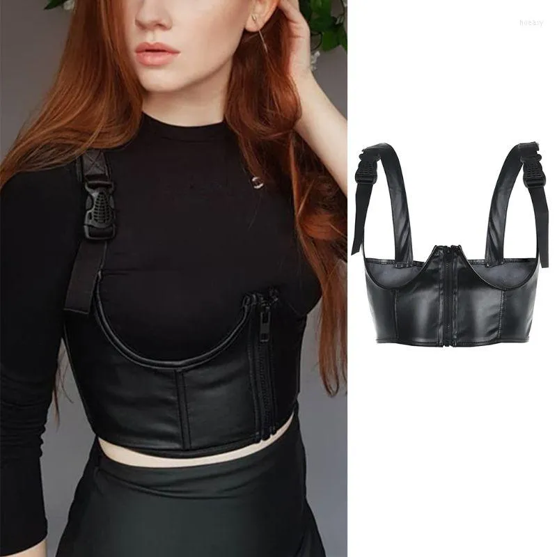 Women's Tanks Women Harajuku Goth Punk Crop Top Faux Leather Sexy Open Cup Chest Harness Vest Buckle Zipper Suspenders Club Streetwear