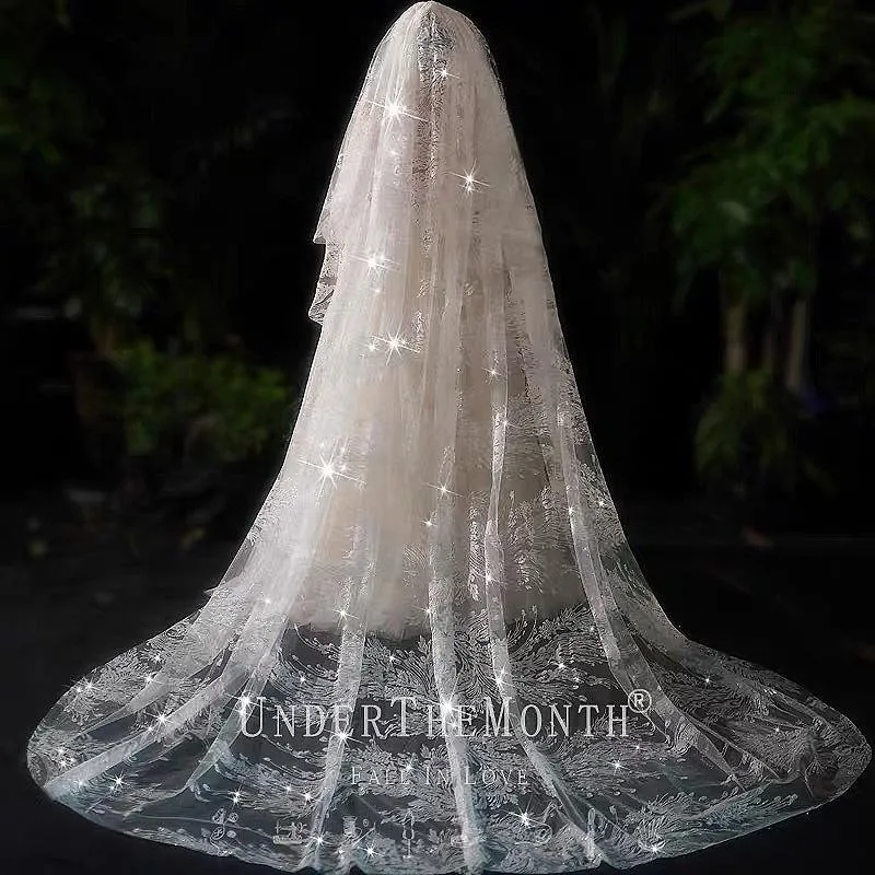 Accessori per veli da sposa Velo Bianco Cattedrale romantica Pizzo di cristallo Bordo tagliato Matrimonio con pettine 3,8 m di lunghezza Donna Sposa regali