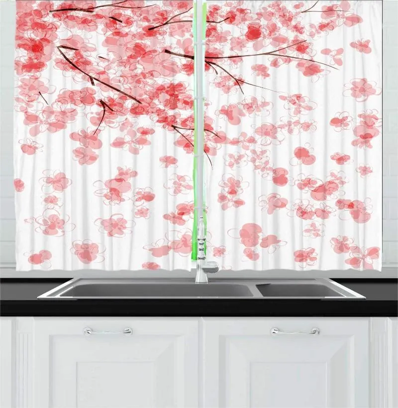 Curtain Blush Dark Coral And White Floral Kitchen Curtains Pastel Japanese Botanical Design Cherry Blossom Branches Petals For Kitch