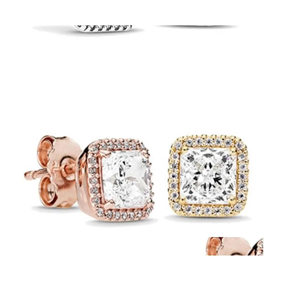 Stud 925 Sterling Sier Square Big Cz Diamant Boucle D'oreille Fit Pandora Bijoux Or Rose Plaqué Femmes Boucles D'oreilles 515 Q2 Drop Delivery Dhmbb