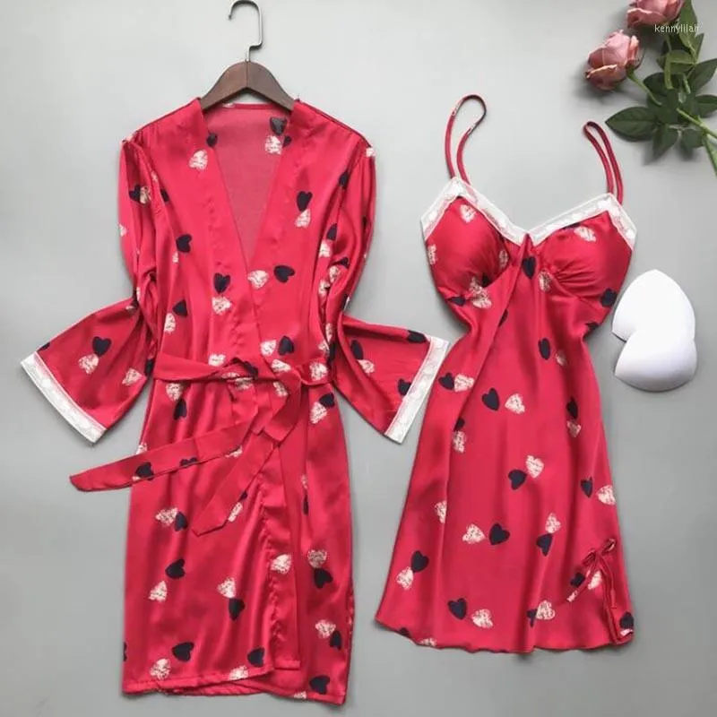 Women's Sleepwear Women Print Sweetheart 2PCS Robe Set Lace Sexy Strap Top Nightdress Bathrobe Summer Lounge Home Dress Sleepshirt M-XL