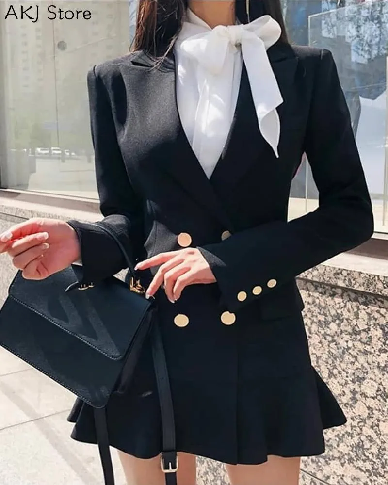 Casual Dresses Women Fashion Elegant Long Sleeve Mini Ol Dress Workwear Double Breasted Pocket Design Ruffles Blazer