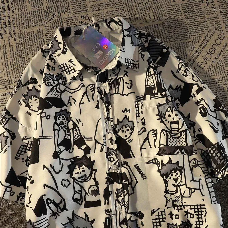 Women's Blouses Japanese Cartoon Printed Button Up Shirt Women Couples Short Sleeve Vintage Floral Chiffon Summer