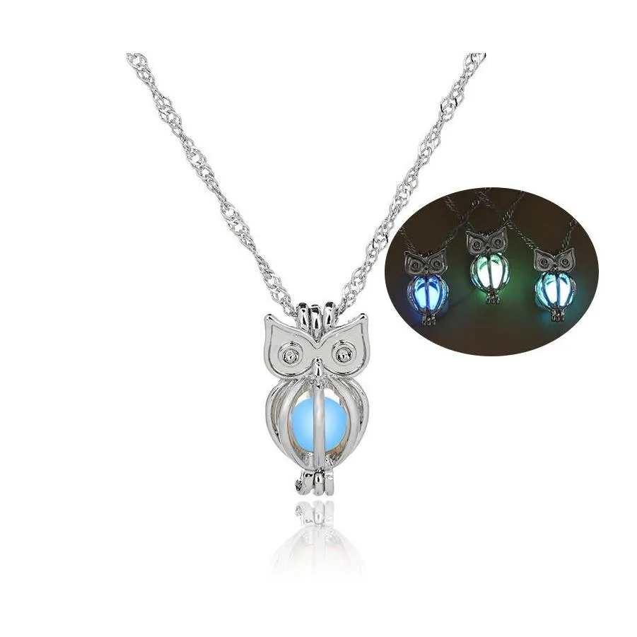 Lockets Glow In The Dark Owl Necklace Hollow Pearl Cages Pendant Luminous Animal Charm Necklaces For Women Ladies Luxury Fashion Jew Otttb